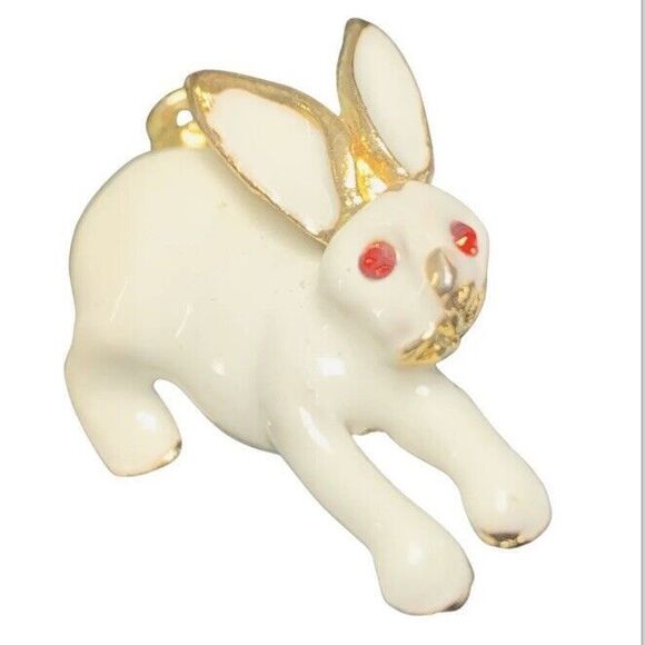 White Bunny Rabbit Pendant Brooch 1.5" red Eyes Gold Tone Whimsical Vintage - Picture 1 of 10